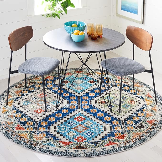 SAFAVIEH Madison Collection 6'7" Round Navy/Beige MAD418M Boho Diamond by SAFAVIEH