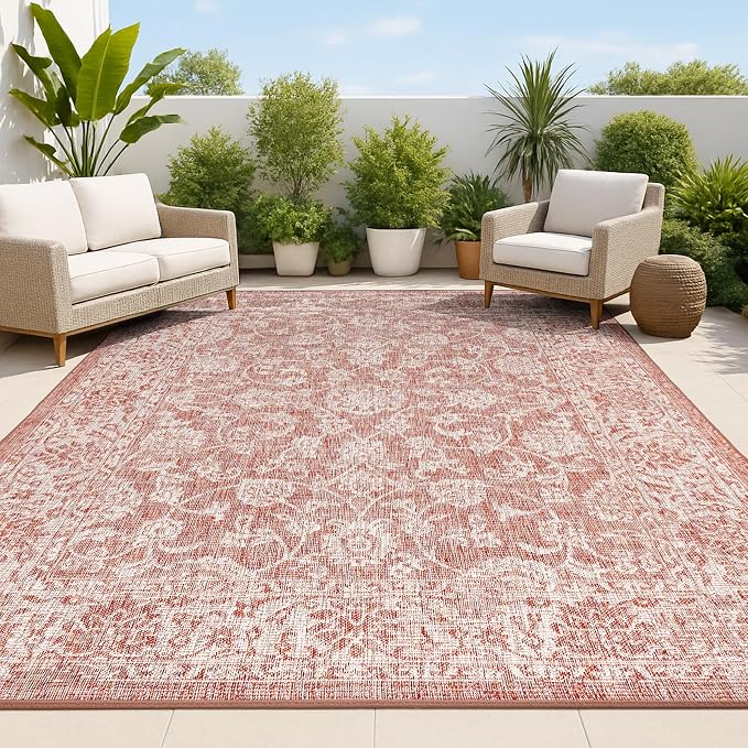 JONATHAN Y Weave Floral Indoor Outdoor Area Rug 6X9 Red/Taupe, Tela Bohemian by JONATHANY