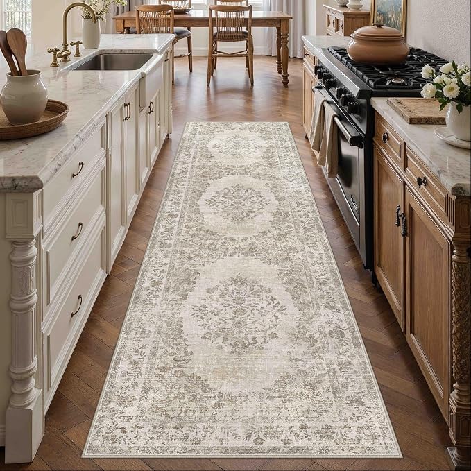 2x8 Runner Rug Beige Washable Hallway Kitchen Bedroom Vintage Distressed by PureCozy
