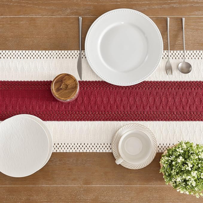 ZeeMart Macrame Style Bicolor Stitching Table Runner, 14 x 48 Inch Red/Ivory - Image 5
