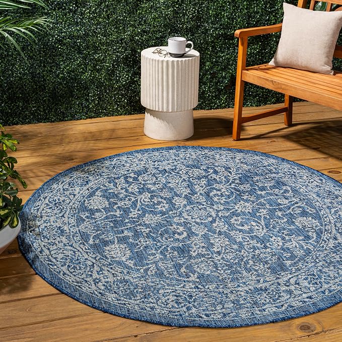 JONATHAN Y Weave Floral Indoor Outdoor Round Area Rug 4 Ft Navy/Gray, Tela by JONATHANY