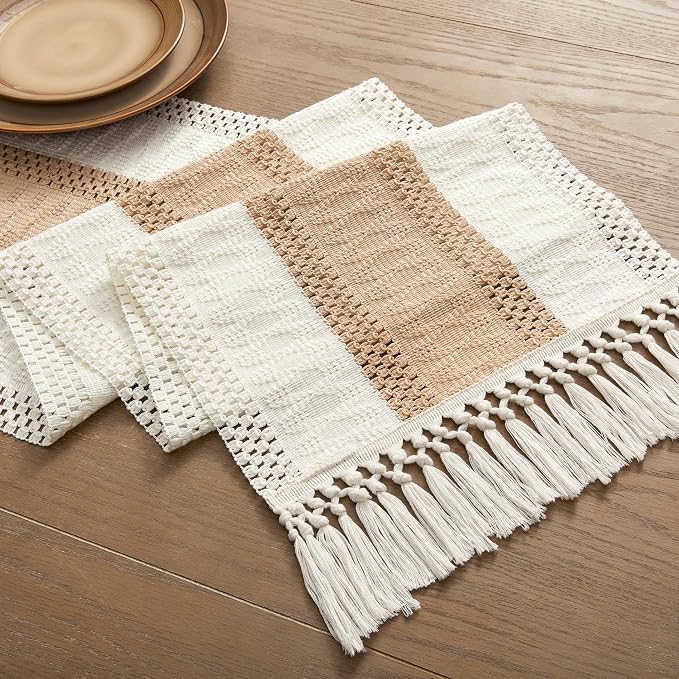 ZeeMart Macrame Style Bicolor Stitching Table Runner, 14 x 90 Inch Beige/Ivory - Image 7