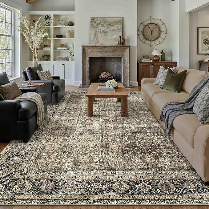 Vintage Area Rug 12x15 Brown Washable Living Room Large Carpet Non Slip Bedroom - Image 5