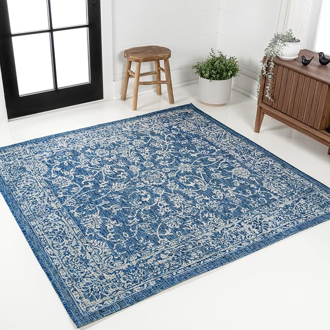 JONATHAN Y Weave Floral Indoor Outdoor Square Area Rug 8X8 Navy/Gray, Tela - Image 3
