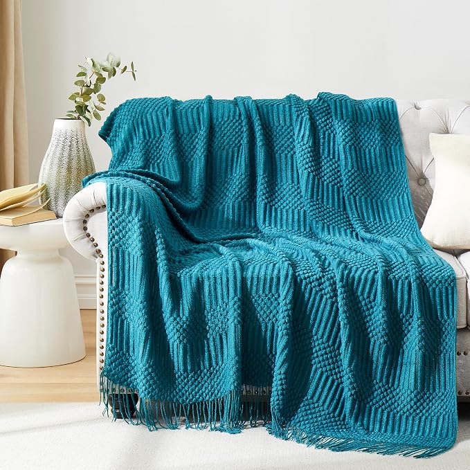 Teal Knitted Decorative Throw Blankets by HommxJF