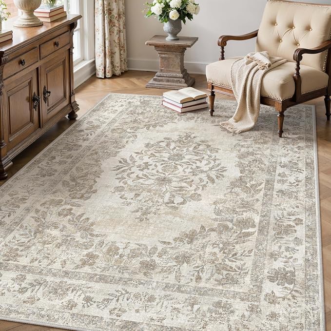 4x6 Area Rug Beige Washable Office Vintage Distressed Carpet Bedroom Indoor by PureCozy