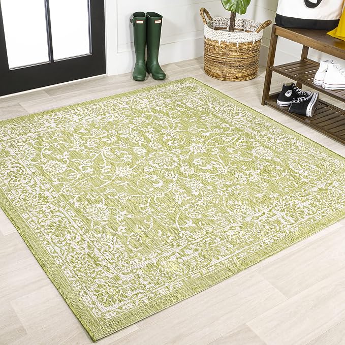 JONATHAN Y Weave Floral Indoor Outdoor Square Area Rug 5X5 Green/Cream by JONATHANY