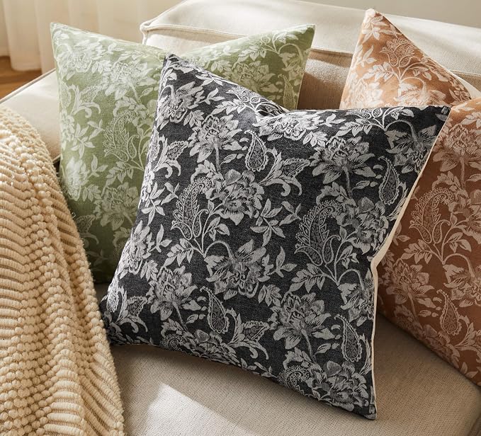 Floral Jacquard Throw Pillow Covers Set of 2, Background/Charcoal 24x24 Inch - Image 5