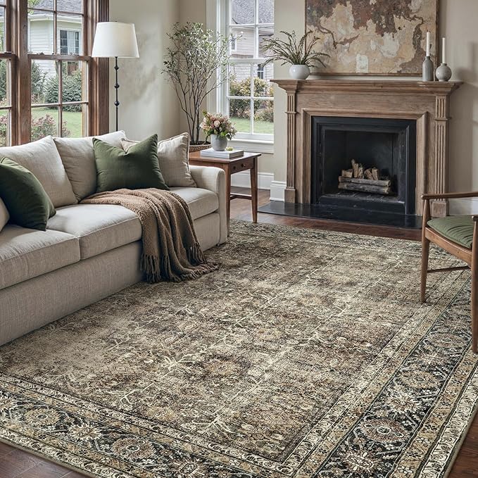 Vintage Area Rug 7x9 Brown Washable Living Room Large Carpet Non Slip Bedroom - Image 4