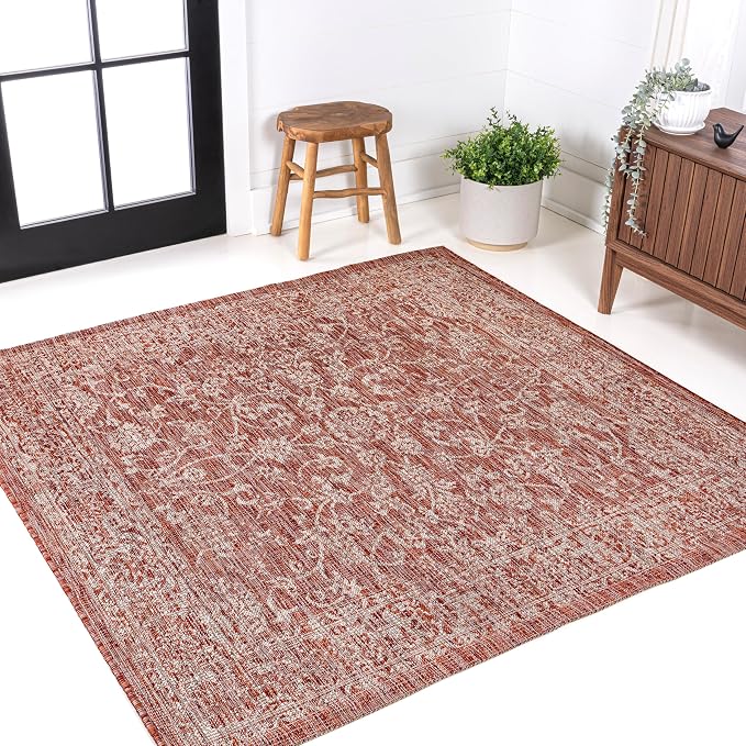 JONATHAN Y Weave Floral Indoor Outdoor Square Area Rug 8X8 Red/Taupe, Tela - Image 3