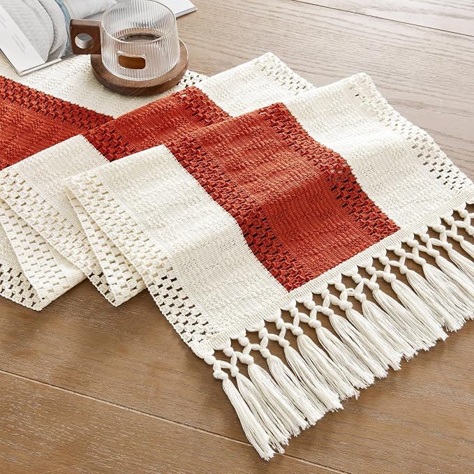 ZeeMart Macrame Style Bicolor Stitching Table Runner, 14 x 72 Inch Orange/Ivory - Image 7