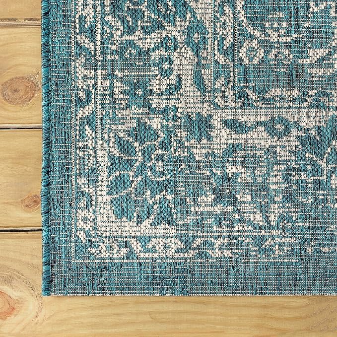 JONATHAN Y Weave Floral Indoor Outdoor Round Area Rug 9 Ft Teal/Gray, Tela - Image 7