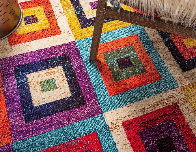 Unique Loom Estrella Collection Colorful, Squares Modern, Abstract Area Rug - Image 8